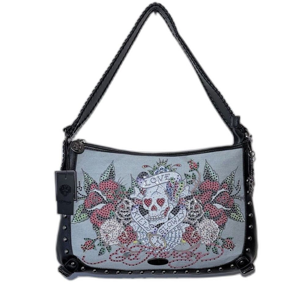 NEW Ed Hardy Denim Shoulder Handbag Purse Rhinestone Love Kills Slowly Tattoo